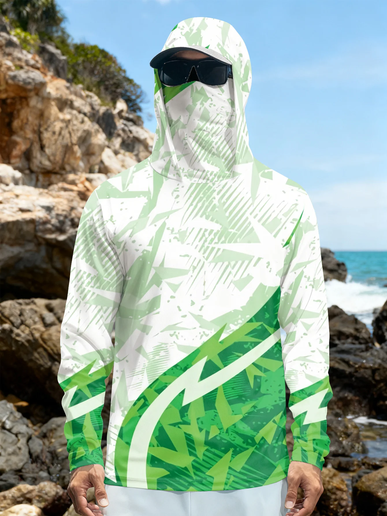 Rash Guard - Herren-Anglerhemd mit Kapuze, UPF-Sonnenschutz, langärmelig, mit